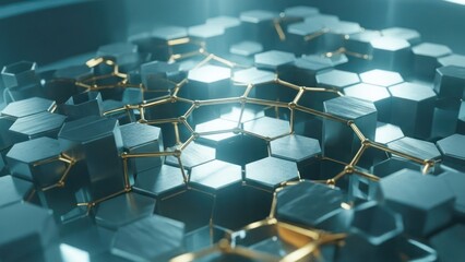 Metallic hexagons with golden connectors forming an abstract, futuristic, geometric design