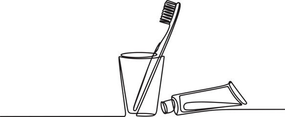 continuous one line drawing of a toothbrush in a cup a dental hygiene and bathroom accessory set.one line icon illustration in white Background.