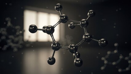 Metallic molecular structure floats, with others blurred in a sepia-toned room