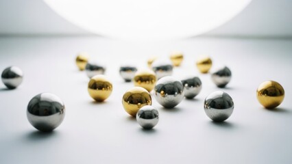 Metallic spheres, gold and silver, scattered on a white surface, lit from above