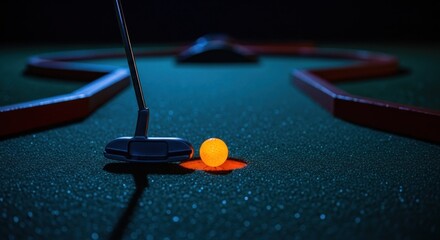 Miniature golf scene ball about to enter hole; putter poised; course glow