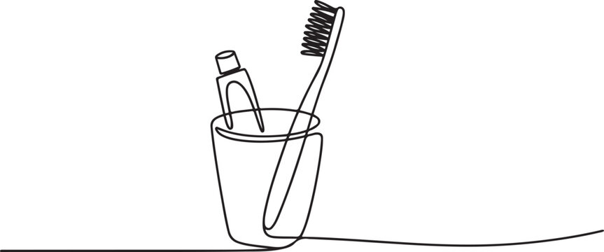 continuous one line drawing of a toothbrush in a cup a dental hygiene and bathroom accessory set.one line icon illustration in white Background.