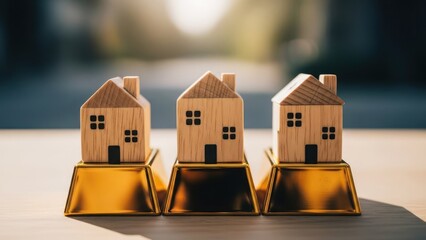 Miniature wooden houses sit atop golden bars, symbolizing real estate investment
