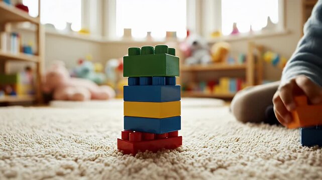 Childs Hands Building A Colorful Tower With Interlocking Blocks On A Textured Cream Carpet In A Brightly Lit Playroom With Shelves Of Toys In The Background