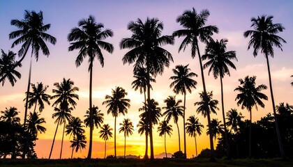 Silhouette of Coconut Palm Trees Against a Vibrant Sunset Sky.