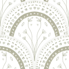 Scallop Seamless Pattern in green colors. Hand-drawn elegant floral pattern in neutral colors.