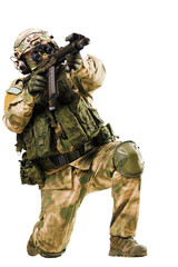 Fototapeta premium Military soldier kneeling and aiming weapon in tactical combat gear