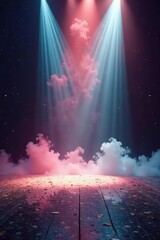 Empty stage bathed in ethereal light, smoke drifts, atmospheric, show