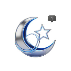 Silver Crescent Moon with Star on Transparent Background