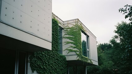Modern geometric building with climbing plants, concrete panels, and large windows