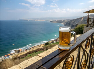 Cold glass mug overflowing with golden lager beer and thick white foam rests on metal railing overlooking scenic blue ocean coastline under bright summer sky.
