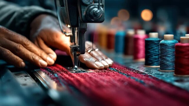 Crafting fabric through sewing with colorful threads in a workshop at night creating a vibrant scene of hands working diligently