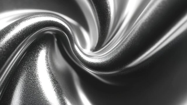 Smooth silver fabric flowing in waves with subtle reflections, creating interesting patterns and textures under soft lighting in a studio setting