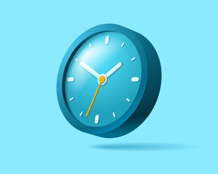Clock icon in 3d flat style. Time on blue background. Business gloss watch. Vector design element for you project