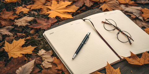 Top view flat lay of open spiral notebook with blank white pages positioned amidst vibrant yellow and brown autumn maple leaves alongside vintage film camera black frame spectacles and sleek pen