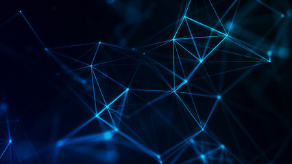 An abstract digital network of glowing nodes and connecting lines. The geometric shapes create a sense of depth and movement, evoking complex data structures and neural connections. © Anna