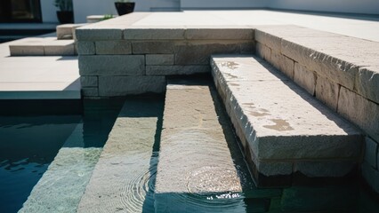 Limestone pool entry with built-in bench, water steps, and minimalist landscaping
