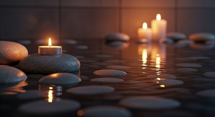 Lit candles on stones in water, reflecting soft light, creating a spa-like ambience