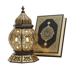 Ornate Golden Lantern and Islamic Book on Transparent Background