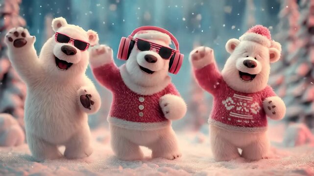 Four cheerful polar bears enjoying winter fun while singing and dancing in a snowy forest during the holiday season