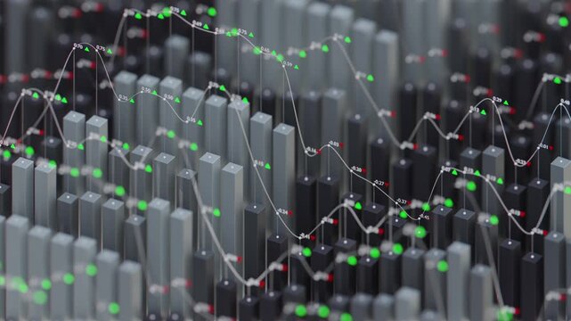 Futuristic 3D business loop infographic with animated bar charts and data visualization