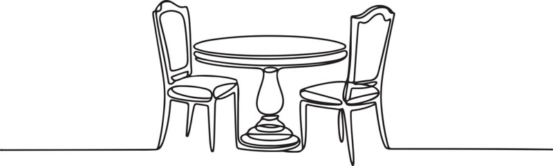 Garden chairs and table in continuous line art drawing style. Classic style dining room furniture black linear sketch isolated.one line icon illustration in white Background.