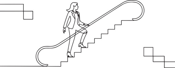 Beautiful woman going up by moving escalator. career ladder of an employee. one line Art icon drawing vector © sadi