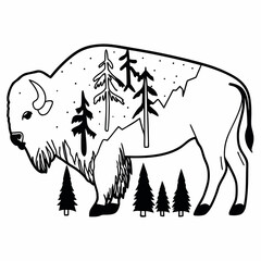 Bison Silhouette Line Art Vector Illustration