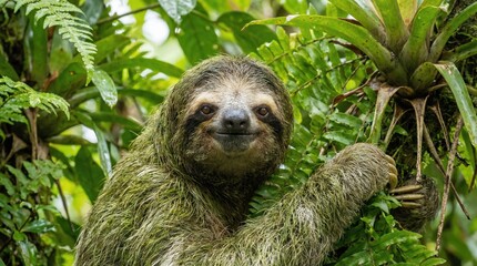 Obraz premium Three Toed Sloth Covered in Moss and Algae Hangs from Lush Green Rainforest Canopy During Daylight Hours Natural Habitat Wildlife