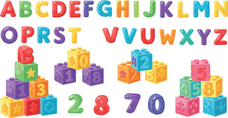 Colorful alphabet letters and numbers toy blocks set, playful educational typography for kids learning, preschool and early childhood education concept, flat vector illustration © Nasrin