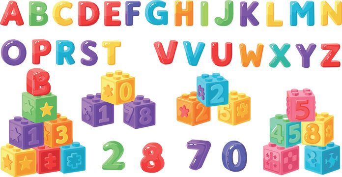 Colorful alphabet letters and numbers toy blocks set, playful educational typography for kids learning, preschool and early childhood education concept, flat vector illustration