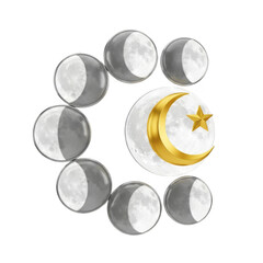 Crescent Moon Phases with Golden Star on Transparent Background