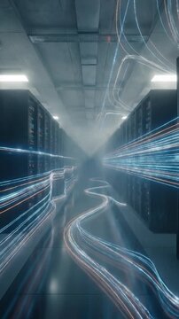 An atmospheric motion graphic depicting the movement of digital data streams inside a modern data center. Light trails symbolize data transmission, speed, computing power.