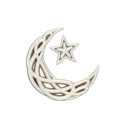 Detailed Silver Crescent Moon and Star on Transparent Background