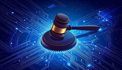 Digital Law and Justice Concept with Gavel on Circuit Board.