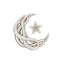 Silver Metal Crescent Moon and Star on Transparent Background