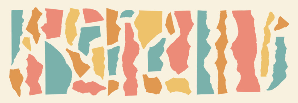 Pastel set of piece of paper with ripped edge in flat collage style. Craft shape and torned sheets. Bright paper fragments. Damaged page cutout background
