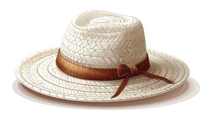 A stylish white straw hat with a brown ribbon band and bow, perfect for summer.