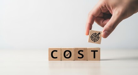 A hand placing a wooden block with a target symbol on top of the word cost