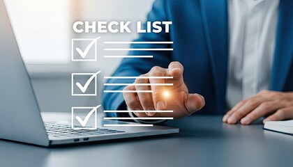 Businessman working on laptop with checklist on screen