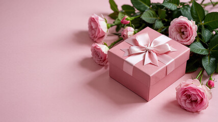 Fototapeta premium Macro View of a Beautiful Pink Gift Box with Silk Ribbon and Delicate Pink Roses Background for Luxury Boutique Gifting and Romantic Occasions