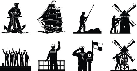 Maritime and traditional labor silhouettes set featuring sailor, historic sailing ship, fisherman, windmill worker, nautical crew, and seafaring scenes © Asha Moni