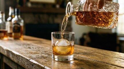 Amber Whiskey Poured From Crystal Decanter Into Glass With Large Round Ice Ball On Rustic Wooden Bar Top With Bottles In Background Cozy