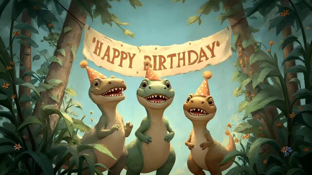 Birthday celebration theme for party event. Three animated dinosaurs wearing party hats, holding a Happy Birthday banner, surrounded by lush green plants and trees.