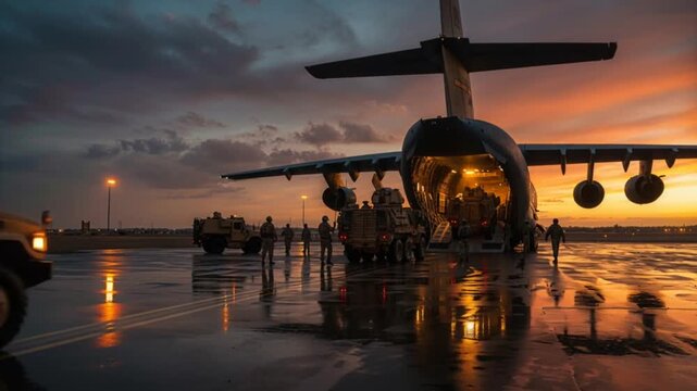 Armored vehicles loading into military cargo aircraft at airbase