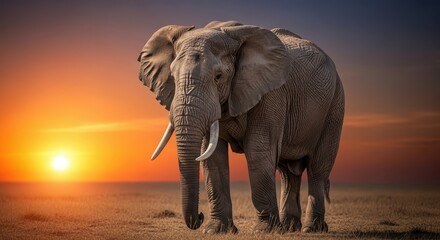Obraz premium A massive gray pachyderm grazes peacefully in the dusty savanna at sunset, emphasizing its huge size and powerful build, creature, conservation, powerful
