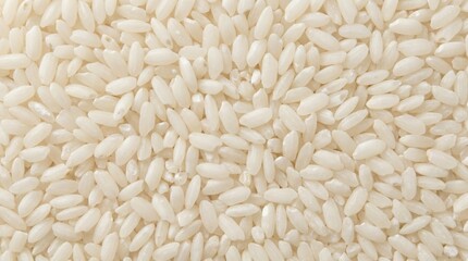 Close Up Of Raw Arborio Rice Grains Scattered Across A Plain White Surface With Natural Lighting