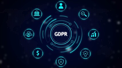 Glowing tech-style circle labeled gdpr surrounded by neon icons representing security, finance, user, analytics and legal on dark dotted world map background © Maka