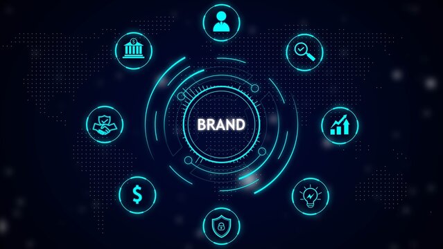 Glowing futuristic brand hub with circular interface and neon icons on dark dotted world-map background