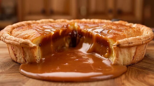 A gooey caramel pie with a slice cut out on a wooden table in a kitchen